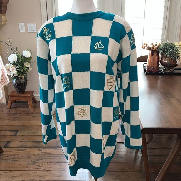 Vintage St John Nautical Sweater Gold Embroidered Anchor Checkered Knit USA L - Picture 2 of 13